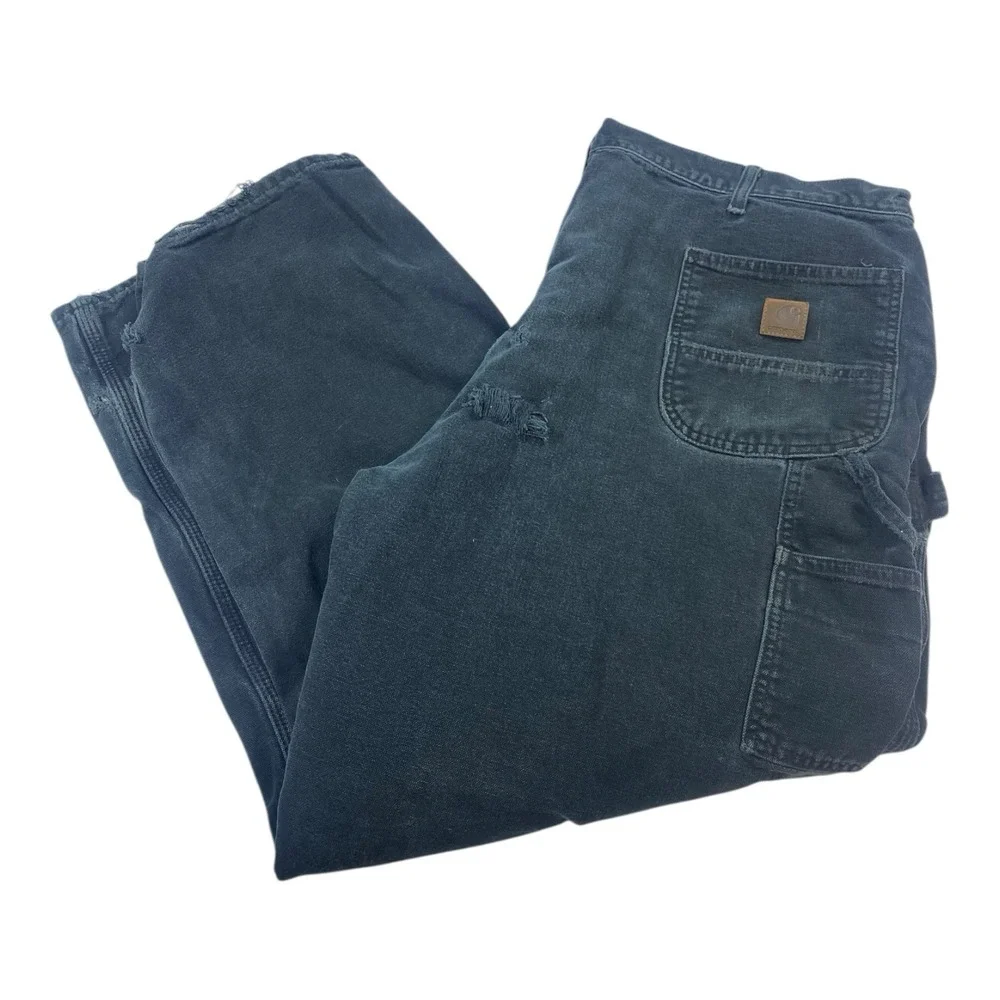 Carhartt Men‎ Size 44 x 32 Pants Black Duck Canvas Jeans Flannel Lined Straight